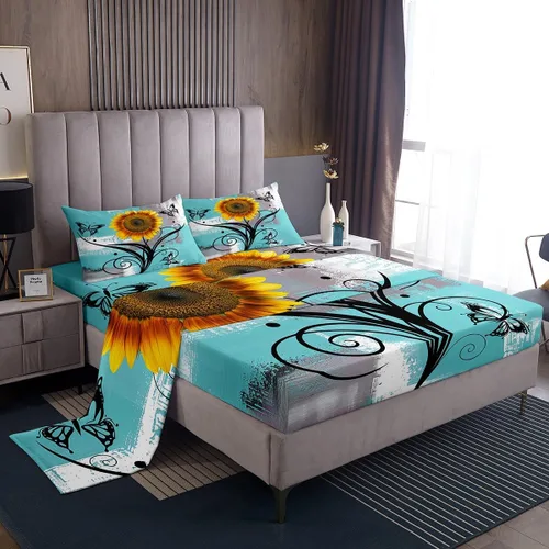 Vista 9 de Erosebridal Juego de sábanas rústicas de granja, tamaño individual, diseño de mariposa y girasol, para niños y adultos, estilo retro, grunge, verde