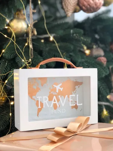 Vista 4 de Caja de dinero de sombra para ahorro de viaje - Banco de monedas para adultos - Tarro de vacaciones - Caja de ahorro blanca con asa - Fondo de luna