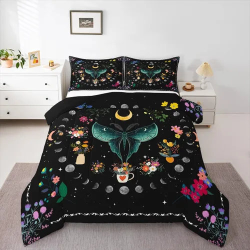 Vista 30 de Juego de edredón de polilla de la muerte, juego de ropa de cama tamaño individual, diseño de calavera gótica, flores botánicas, juego de edredón