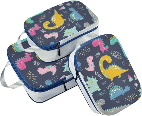 Vista 2 de Oyihfvs Juego de 3 cubos de embalaje de dinosaurios coloridos para niños, organizadores de embalaje de viaje, bolsa de almacenamiento de tela Oxford