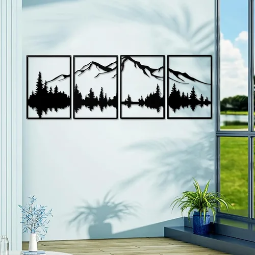 Vista 3 de YIYA 4 piezas de arte de pared de metal de montaña, decoración de pared de metal negro decorativo de bosque grande, esculturas de pared verticales