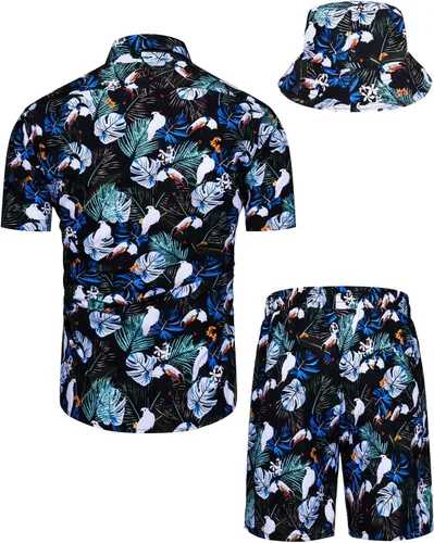 Vista 62 de TUNEVUSE Conjunto de camisas y pantalones cortos hawaianos para hombre, 2 piezas, trajes de playa con estampado de flores, traje tropical de verano