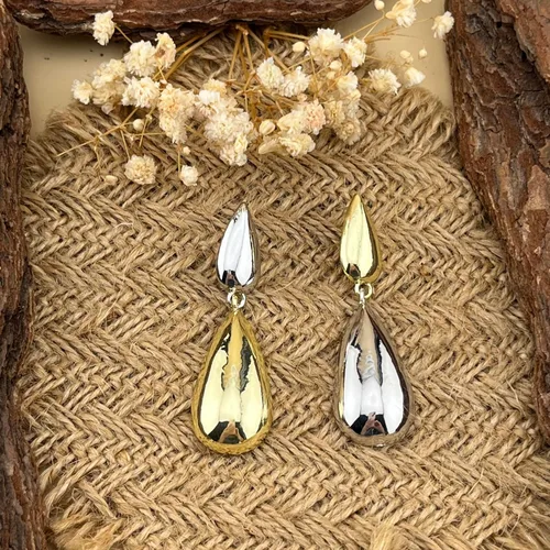 Vista 6 de ASHMIT - Aretes colgantes de gota de agua de aleación dorada, aretes asimétricos a juego de oro y plata, aretes grandes de lágrima para mujeres