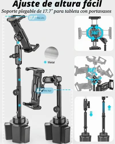 Vista 3 de Soporte de aluminio para tablet de automóvil, [altura ajustable de 16 pulgadas] [compatible con funda gruesa] Soporte resistente para tablet