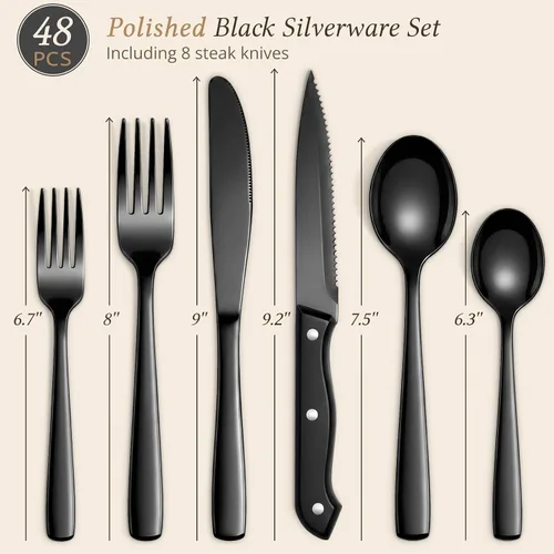 Vista 2 de Hiware Juego de cubiertos negros de 48 piezas para cubiertos de acero inoxidable 18/10 con tenedores, cuchillos, cucharas, cuchillos para carne