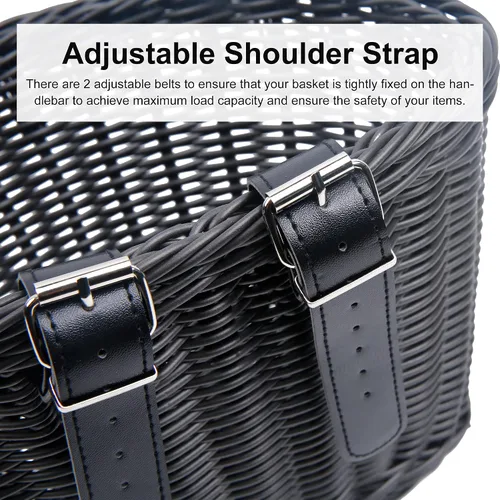 Vista 3 de Cestas de plástico tejidas para bicicletas, cesta delantera en forma de D para bicicleta Contenedor de almacenamiento para manillar con 2 correas
