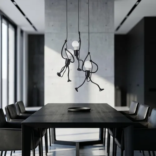Vista 8 de Lámpara colgante de hombre colgante, accesorio humanoide oscilante, techo, lámpara industrial negra moderna de montaje de 3 luces, figura de palo