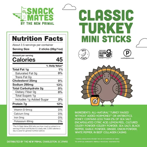 Vista 2 de Snack Mates de The New Primal, Barra de Pavo, Pavo 100% Natural, Snack para Niños con Alto Contenido de Proteínas y Bajo Contenido de Azúcar