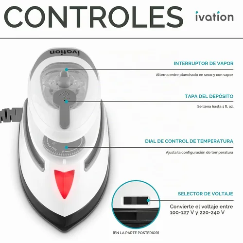 Vista 4 de Ivation Mini plancha de vapor de viaje, doble voltaje, 5 rejillas