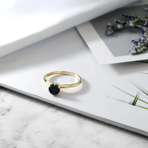 Vista 24 de Anillo de compromiso solitario con piedra preciosa redonda de oro amarillo de 14 quilates de 0.236 in para mujer Ajuste clásico de 6 puntas