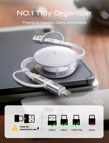 Vista 9 de LISEN Cable de carga retráctil 5 en 1, cable de carga múltiple de 60 W con puertos USB-C/A/L, cargadores retráctiles para múltiples dispositivos
