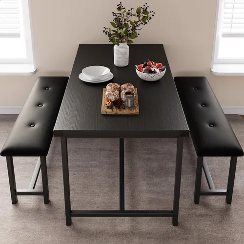 Vista 5 de Juego de mesa de comedor IDEALHOUSE para 4, mesa de cocina con banco tapizado, juego de mesa de comedor rectangular de 3 piezas con 2 bancos