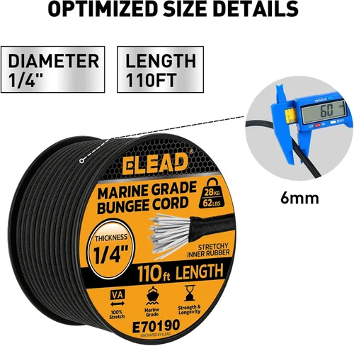 Vista 2 de Rollo de cuerda elástica resistente, cuerdas elásticas de grado marino de 1/4 pulgadas x 110 pies, cuerdas elásticas negras superelásticas, cable