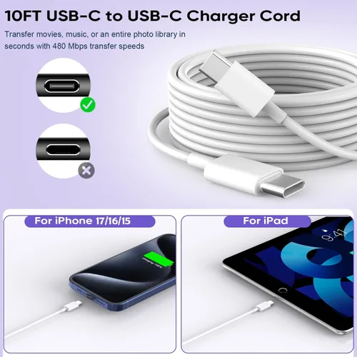 Vista 4 de Cargador de carga rápida para iPhone 17 de 10 pies, adaptador de bloque de carga rápida USBC de 20 W con cable USB C a USB C de 10 pies de largo