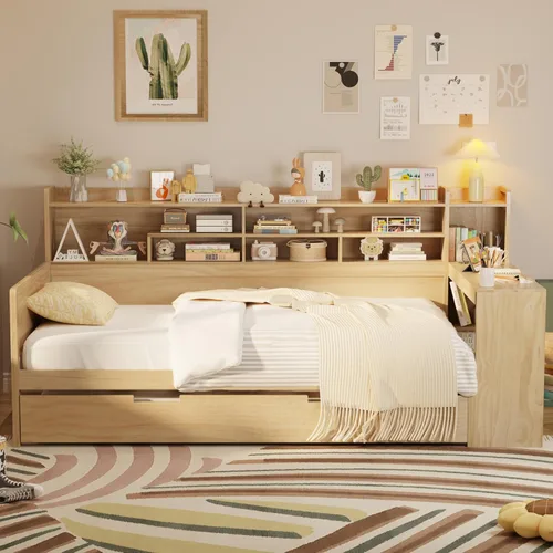 Vista 16 de Sofá cama de madera de tamaño individual con nido y cabecera en forma de L, marco de madera para sofá cama con barandilla rústica y soporte