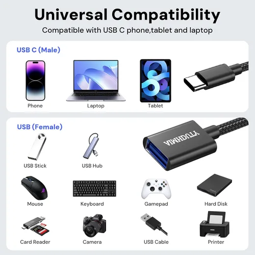 Vista 4 de Paquete de 2 adaptadores USB C a USB, cable USB C macho a USB hembra OTG, trenzado de nailon, carcasa de aluminio, compatible con iPhone 17, 16, 15