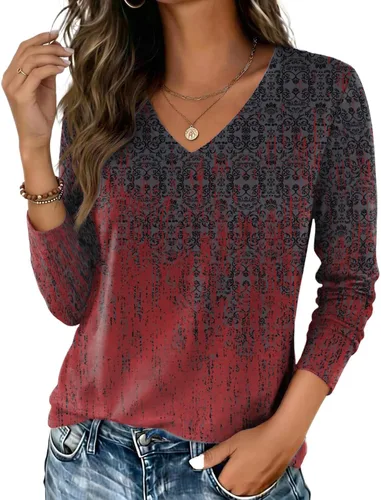Vista 10 de Zeagoo Camisas de manga larga para mujer, cuello en V, casual, básica Rosa