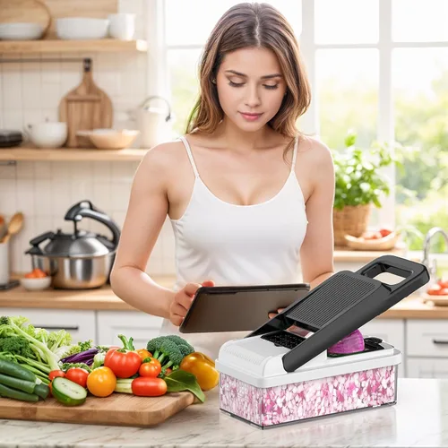 Vista 7 de StoreHappily Picador de Verduras 12 en 1, Picador de Verduras de 7 Cuchillas con Recipiente y Tapa, Cortador en Cubitos, Rebanador, Utensilios
