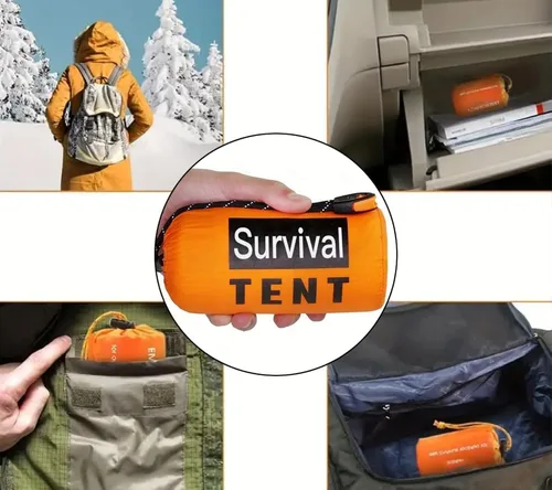 Vista 7 de Tienda de supervivencia de emergencia naranja - Tienda de campaña de tubo para 2 personas con silbato de supervivencia y cuerda de paracaídas