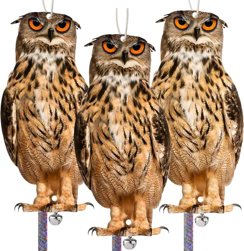 Vista 11 de Búho para mantener alejados a los pájaros, paquete de 3 búhos espantapájaros búho falso, decoración colgante reflectante para ahuyentar pájaros