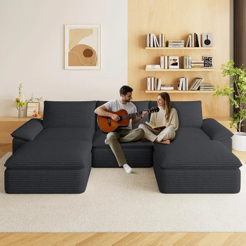 Vista 11 de Sofás modulares de 113.03 pulgadas para sala de estar, sofá modular moderno con sofás en forma de L, sofá tapizado de pana sin hueso, asiento Negro