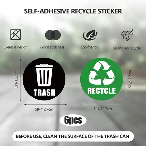 Vista 3 de Calcomanías autoadhesivas con logotipo de reciclaje y basura, letreros redondos para botes de basura y contenedores de basura (6 unidades)