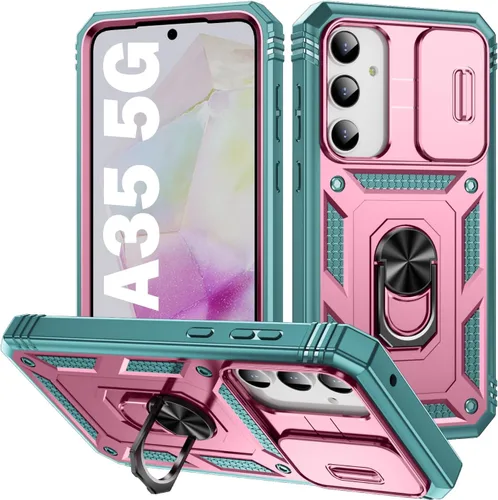 Vista 225 de PASNEW Funda militar para iPhone 13 Pro Max, cubierta de cámara deslizante y soporte de anillo de metal de 360°, carcasa rígida multicapa resistente