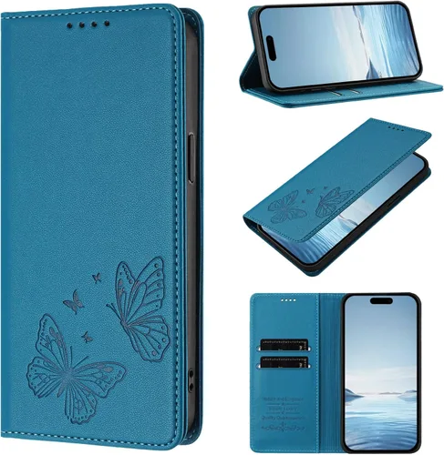 Vista 13 de Butterfly Embossed Leather Wallet Flip Case for Motorola Moto E22i 4G, Magnetic Closure, RFID Blocking Cover, Card Holder Red.