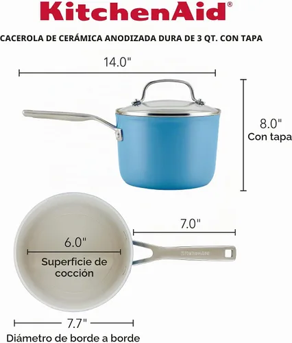 Vista 2 de KitchenAid Sartén antiadherente de cerámica anodizada dura con tapa, 3 cuartos de galón, terciopelo azul Azul terciopelo