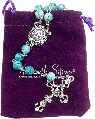 Vista 6 de Nazareth Store Rosario de cristal cristalizado turquesa con cuentas de rosario católico con medalla milagrosa y cruz de acero inoxidable Vidrio No