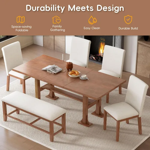 Vista 6 de LUMISOL 6-Piece Extendable Dining Table Set, Farmhouse Dining Room Set with 4 Chairs and Bench, 76 Inch Trestle Table with 18 Inch Removable Leaf