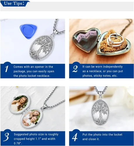 Vista 5 de Eusense Collar con medallón que sostiene imágenes de plata de ley 925 con medallón de fotos para mujeres y hombres, dorado