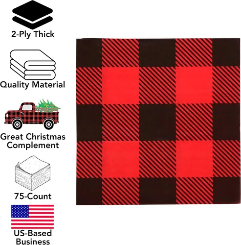 Vista 2 de Iconikal Servilletas de papel desechables a cuadros de búfalo para fiestas, tamaño cena, rojo y negro
