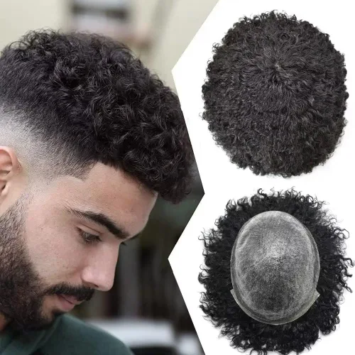 Vista 12 de Afro Toupee para hombres negros, 0.004 in de piel fina sistema de pelo PU para hombres, pieza de cabello humano Remy brasileño para hombres, rizado