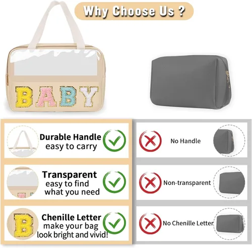 Vista 4 de izuzta Bolsas de maquillaje transparentes tipo tote con letras de chenilla, bolsa de maquillaje preppy con asa, Moda