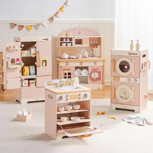Vista 11 de ROBUD Juego de cocina de madera, juego de cocina de juguete para niños con diseño realista, utensilios, máquina de hielo, nevera, horno, lavadora