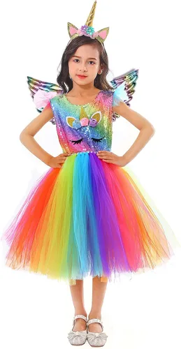 Vista 6 de Tutu Dreams 3 piezas de vestido de unicornio con diadema y alas de lentejuelas, disfraz de unicornio para cumpleaños, Halloween, fiesta, regalos