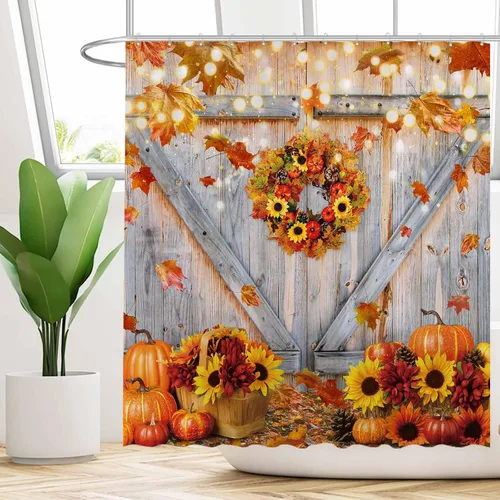 Vista 2 de Funnytree Cortina de ducha rústica de 72 x 72 pulgadas, diseño rústico de otoño, puerta de granero, girasoles, cosecha de Acción de Gracias