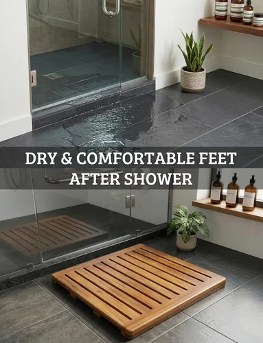 Vista 7 de Alfombra de ducha de madera de acacia 21x21 pulgadas de Demigo, lujosa alfombra de baño antideslizante para baño, bañera, ducha, spa, jardín, hogar