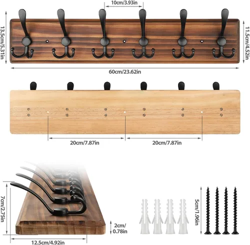 Vista 2 de Perchero de Pared de Montaje en Pared, Perchero de Pared de Madera Resistente para Pared, 6 Ganchos Triples para Colgar Abrigos, Chaqueta, Sombrero