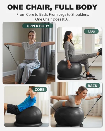Vista 5 de Trideer Exercise Ball Chair with Base & Resistance Bands for Home Gym, Stability Ball Seat for Core Workout and Back Support