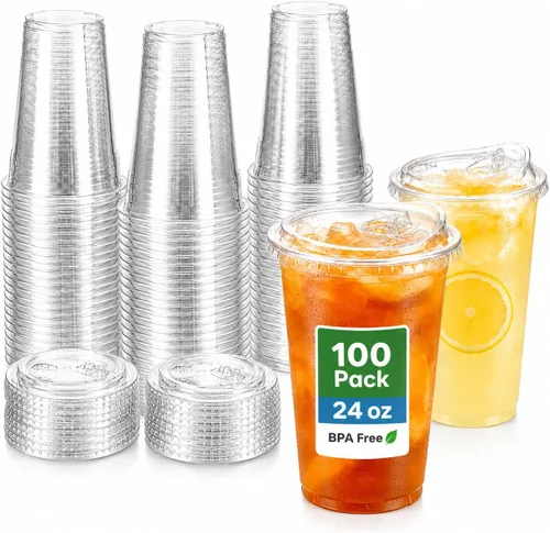 Vista 7 de Oojami 100 Pack 20 oz Clear Plastic Cups with Strawless Sip Lids BPA Free