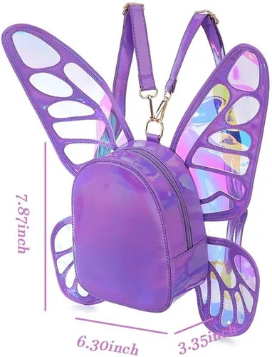 Vista 4 de Mochila holográfica láser para mujer, diseño de alas de ángel de mariposa, casual, mochila de hombro para niñas jóvenes, Morado, S, Mochilas Daypack