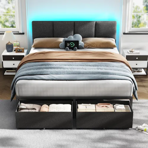Vista 11 de Furnulem Base de cama de tamaño matrimonial con estación de carga y luces LED, cabecera tapizada de piel sintética, cama de plataforma de metal