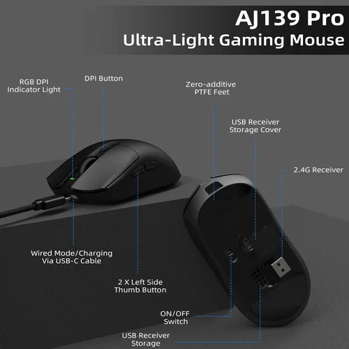 Vista 8 de MANBASNAKE AJAZZ AJ139 PRO - Mouse inalámbrico para juegos, mouse ligero para juegos de computadora con sensor PixArt PAW3395, 26,000 DPI, 6 botones