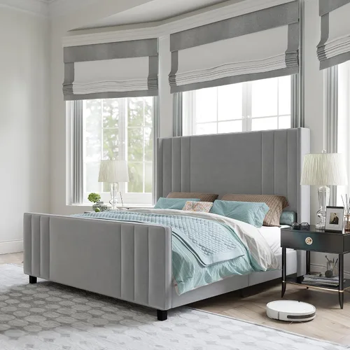 Vista 10 de AMERLIFE Armazón de cama tamaño Queen, plataforma tapizada de terciopelo con cabecera capitonada de canal vertical y pie de cama/respaldo alto, base