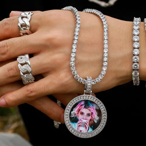 Vista 4 de YIMERAIRE - Cadena y dije con fotografía personalizada, joya estilo hip hop, unisex