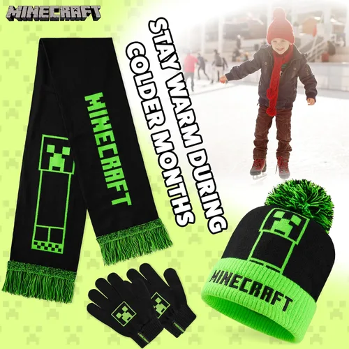 Vista 5 de Minecraft Cold Weather Set - Creeper Beanie Hat Scarf and Gloves Set Kids Winter Set