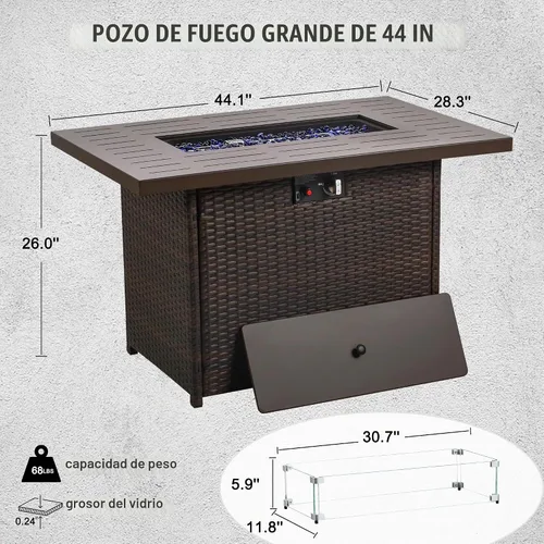 Vista 6 de Mesa de Fogata de Propano, 44 Pulgadas 55000 BTU Fogata de Gas Exterior Rectangular con Protector de Viento de Vidrio para Patio y Terraza Exterior