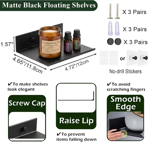 Vista 3 de Z metnal Estantes flotantes pequeños, mini estante de metal para pared, aluminio, montado en la pared y sin taladro, negro, 4.7 pulgadas, paquete